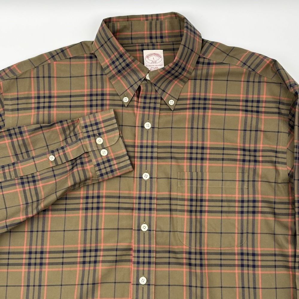 Brooks Brothers 346 Shirt Large Mens Olive Green Pink Plaid Non Iron Button Down